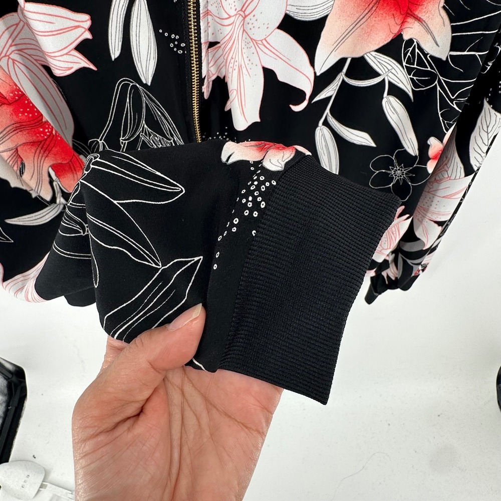 IMAN Global Chic Floral Bomber Jacket Black Red Tropical Lily Print Size XL NWT - Picture 13 of 14